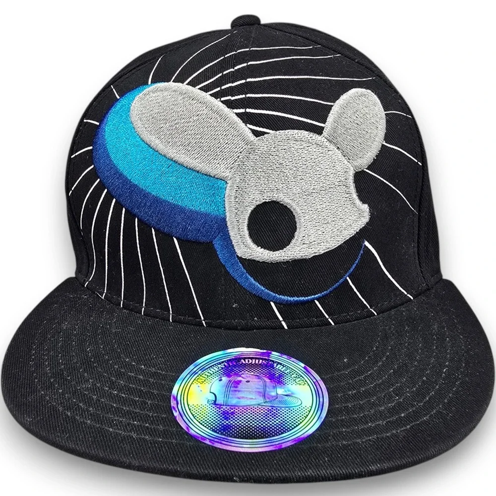 Deadmau5 Snapback Hat Mens One Size Black Blue Cotton Embroidered Flat Brim Cap